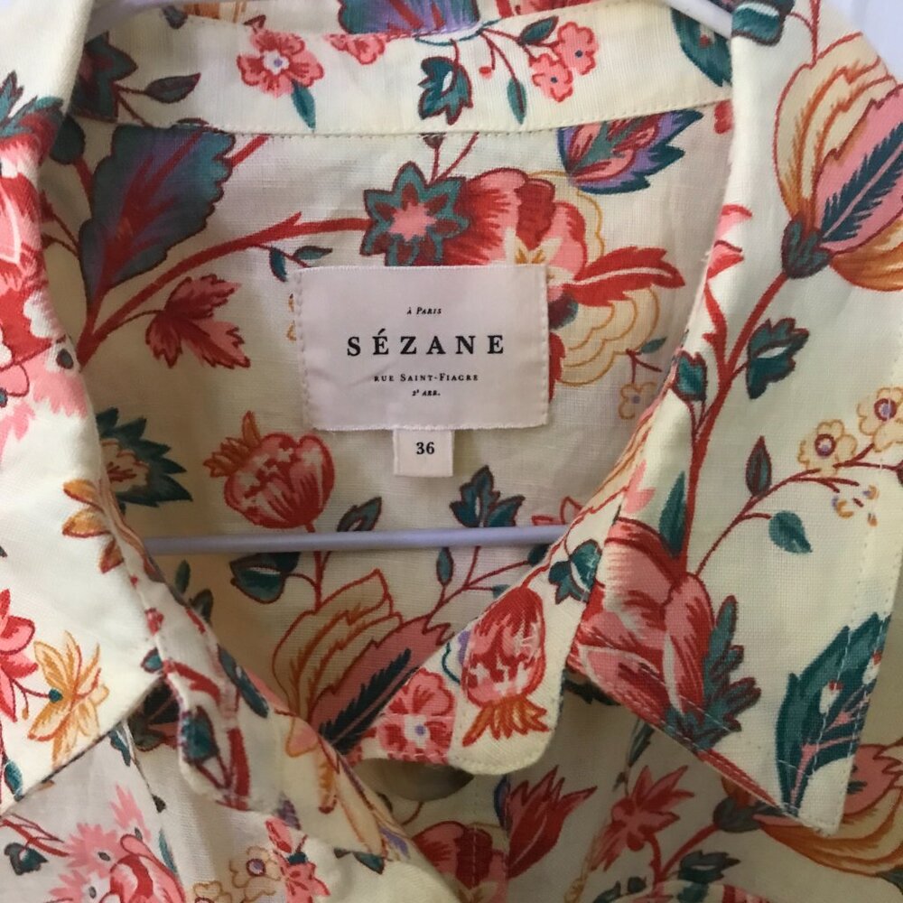 Sezane Gemini Belted Linen Cotton Mini-Dress Floral Pattern Size 36 Size 2 / 4